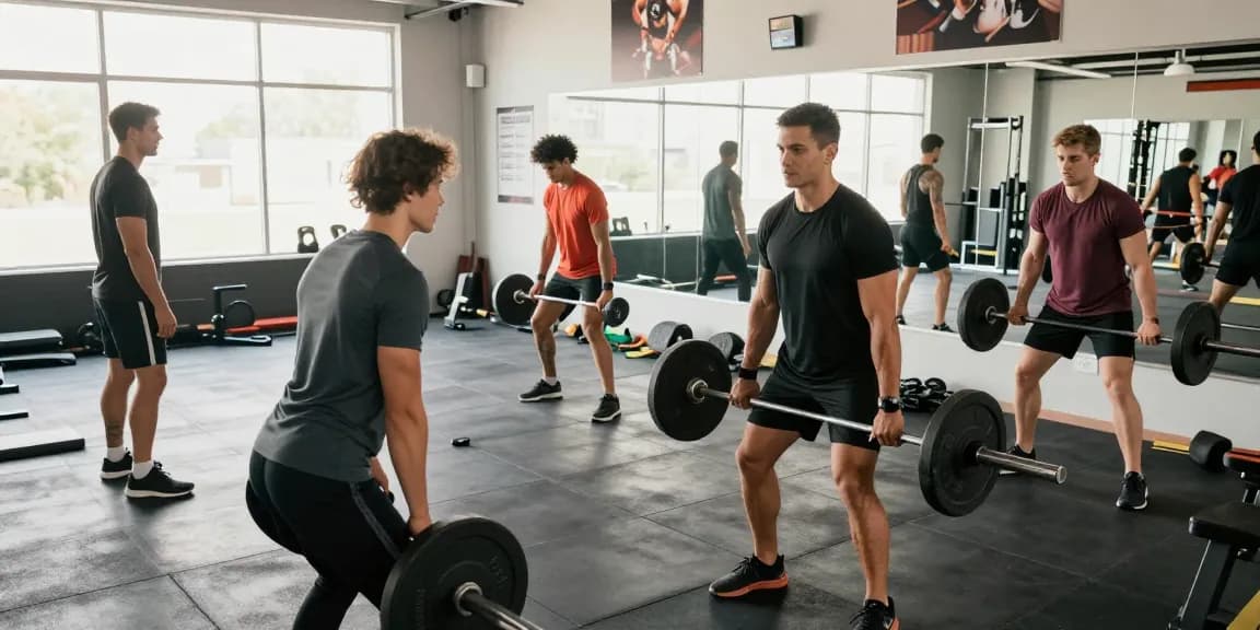 Das Bild zeigt Fitness-Enthusiasten im Deus Medical Shop, die Gewichte heben und sich gegenseitig motivieren.