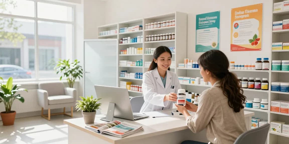 Besucher im Unique Pharma Shop, der hochwertige Gesundheitsprodukte auswählt, in einladendem Apothekenszenario.