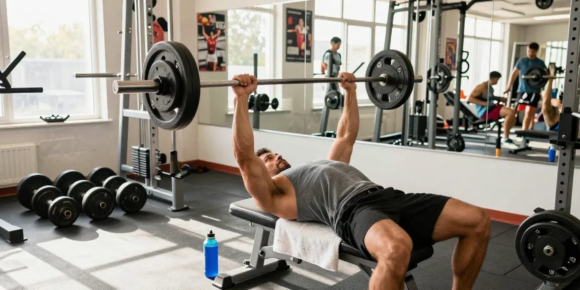 Utionon Steroide Training mit Bodybuilder im Fitnessstudio, Gewichte und motivierende Atmosphäre.