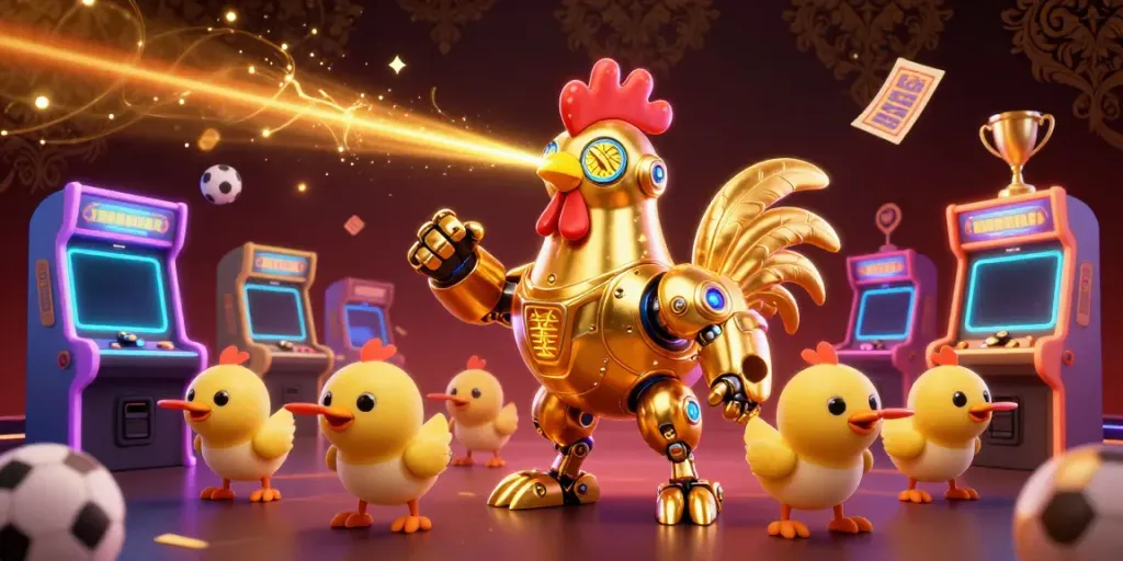 Engage in taruhan bola with a colorful scene featuring a golden robot rooster and baby chick drones in a vibrant betting atmosphere.