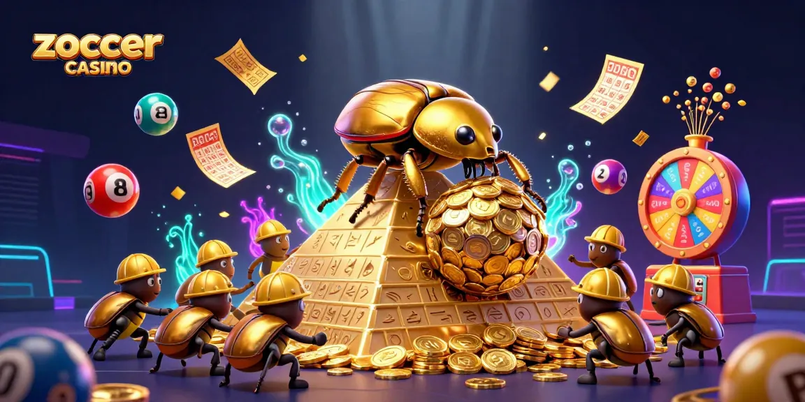 Zoccer Casino showcases a vibrant 3D illustration featuring golden beetles and casino symbols, enticing players to join.