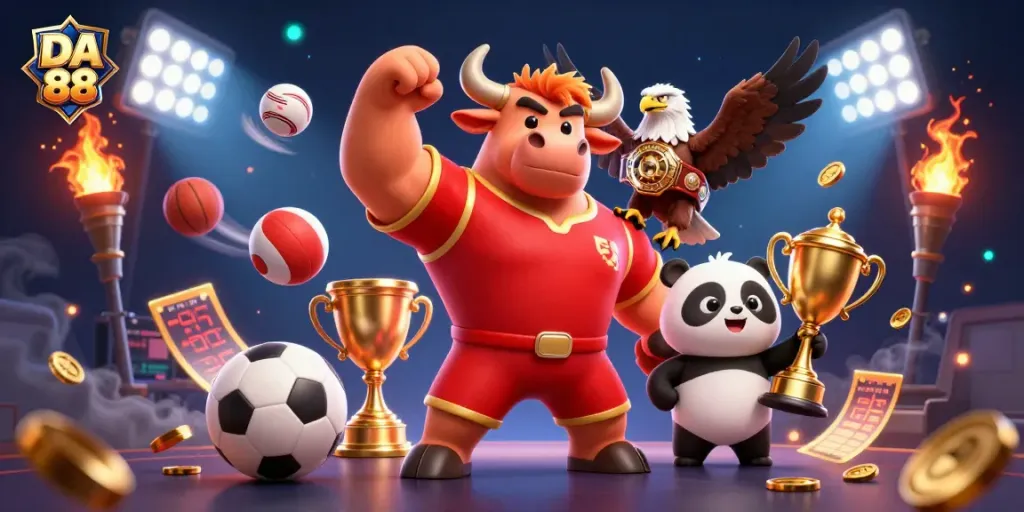 Bet big with DA 88, featuring sporting mascots and dynamic gaming elements for an exciting online casino experience.