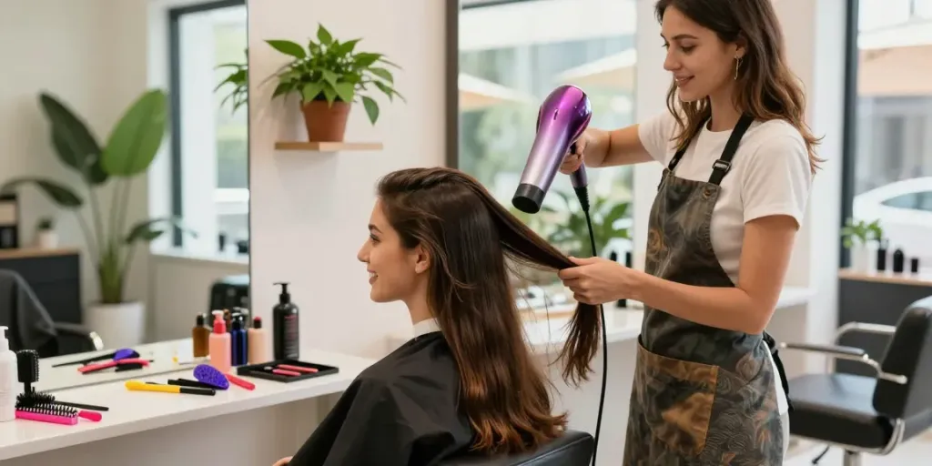 Hochwertiger Ionenföhn wird verwendet, um das Haar einer Kundin in einem modernen Friseursalon zu stylen.