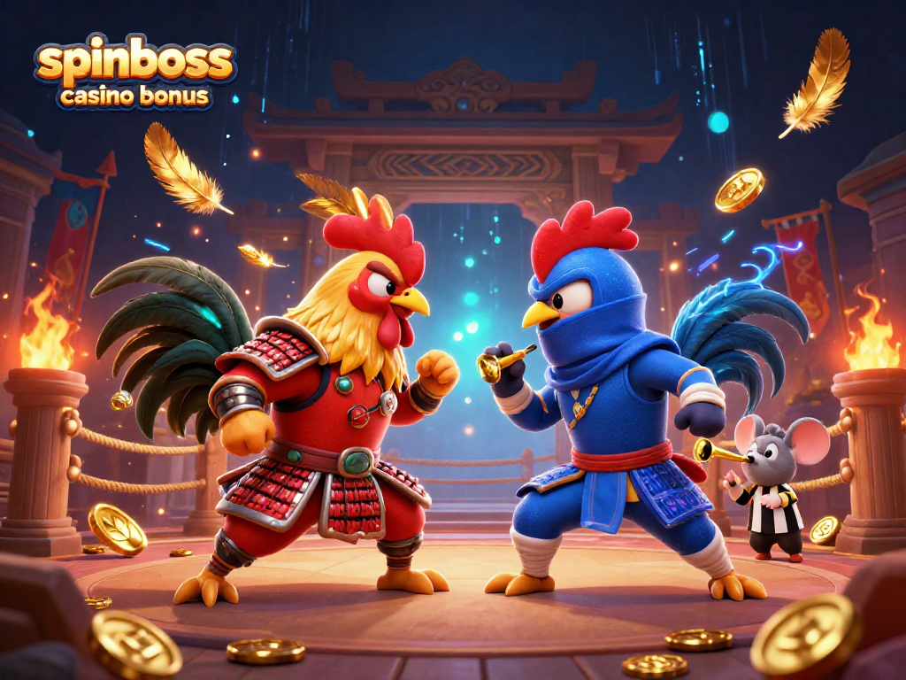 Spinboss Casino Bonus: Kämpfende Hähne in einer spannenden Wettkampfarena mit goldenen Federn und Glücksspiel-Elementen