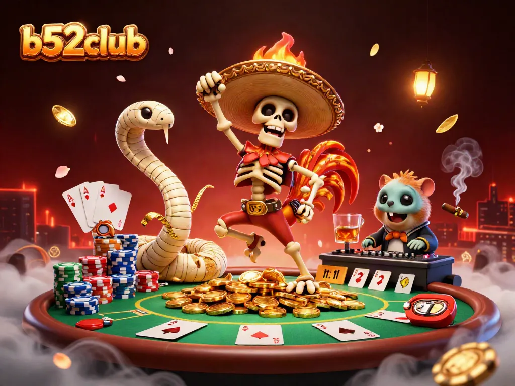 Experience b52club's vibrant gaming atmosphere with a lively 3D scene showcasing poker excitement and unique characters.