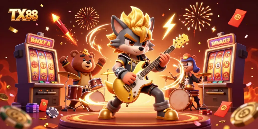 Experience thrilling gameplay at TX 88 with dynamic slots, vibrant characters, and celebratory elements
