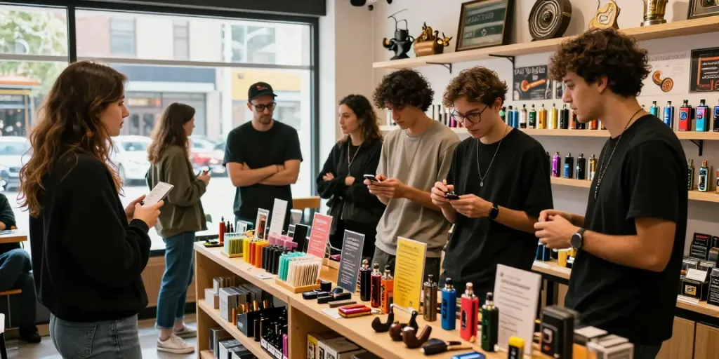 Social scene at rokok88 smoke shop featuring diverse friends exploring trendy smoking accessories.