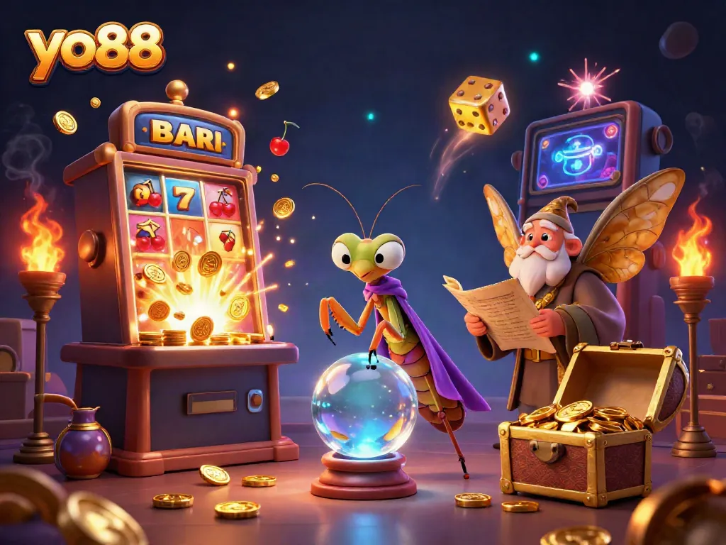 Experience thrilling wins at yo88 with vibrant slots, colorful characters, and floating casino elements.