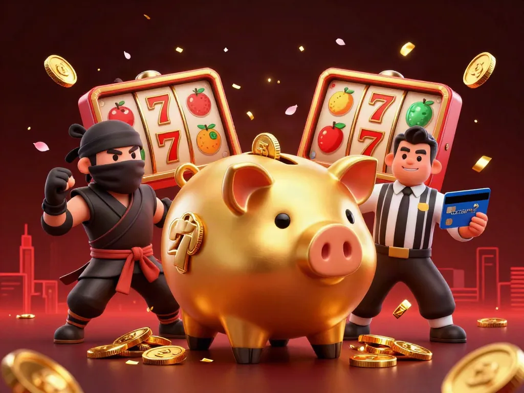 Experience thrilling action at Zo win as a golden piggy bank sumo wrestler stomps coins, surrounded by vivid casino elements.