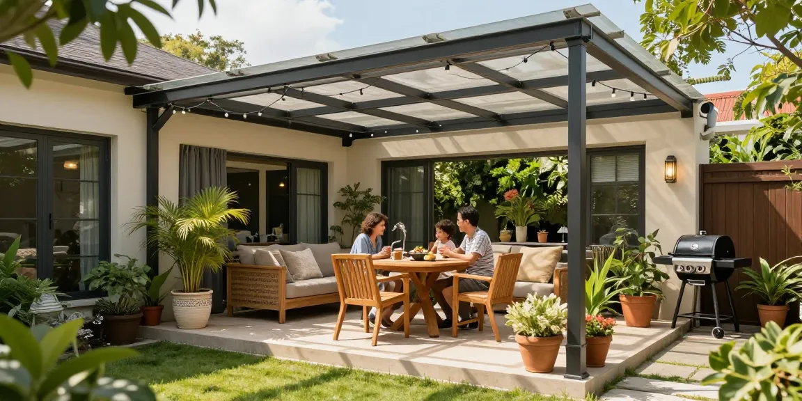 Freistehende Terrassenüberdachung mit Familie im Garten, die entspannte Zeit verbringt.
