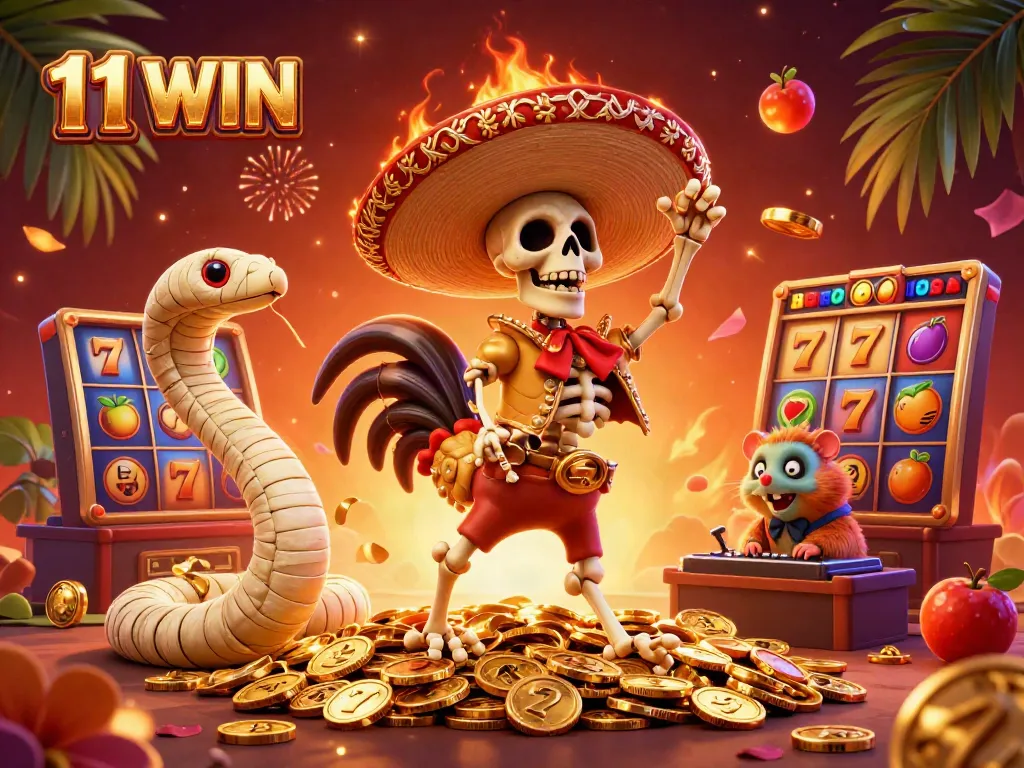 Experience the vibrant 11 WIN casino atmosphere with festive characters celebrating amidst slot machines and golden coins.