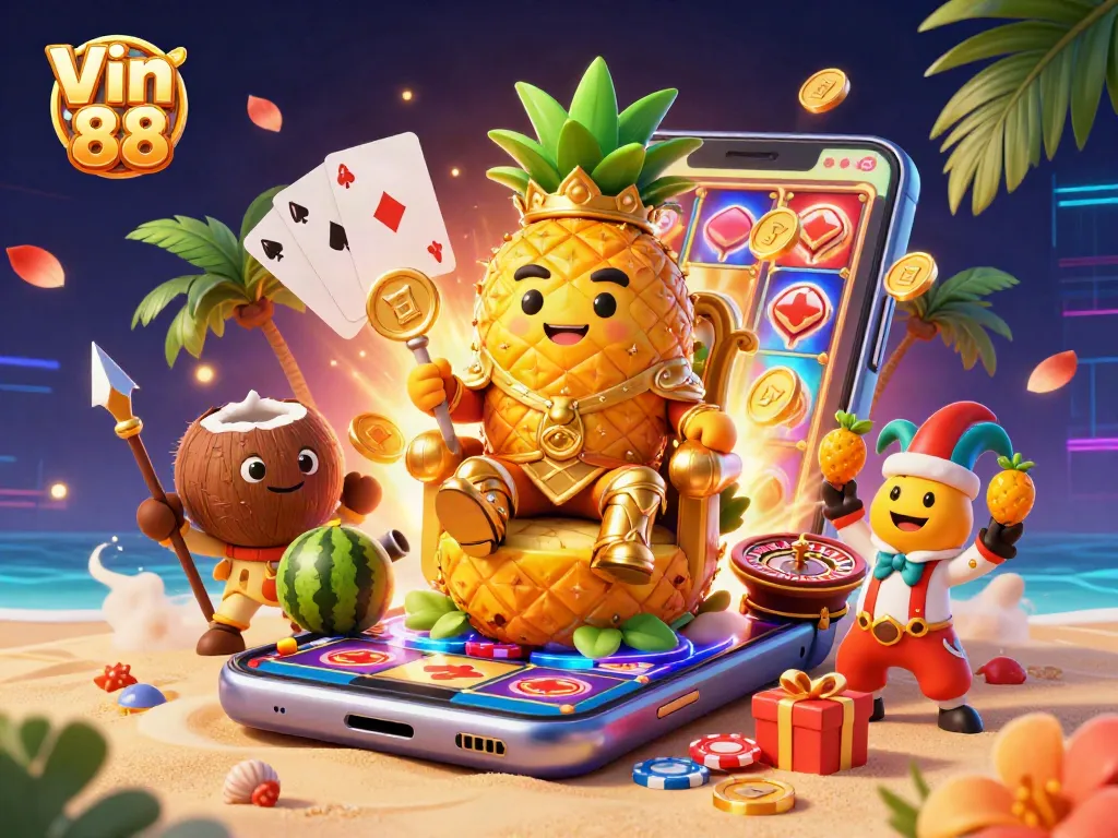 Engage in thrilling gameplay with Vin 88's vibrant casino adventure featuring a pineapple king and lavish gaming elements.