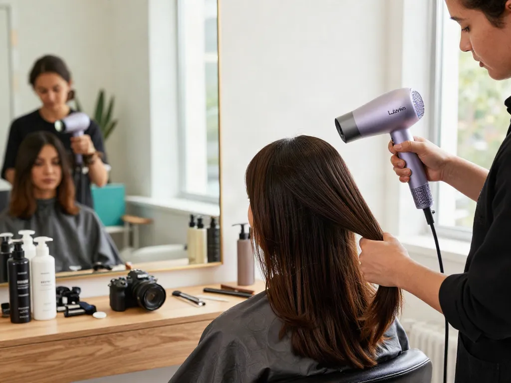 Haartrockner schnelltrocknend in einem modernen Schönheitssalon, während ein Stylist Haarvolumen kreiert.