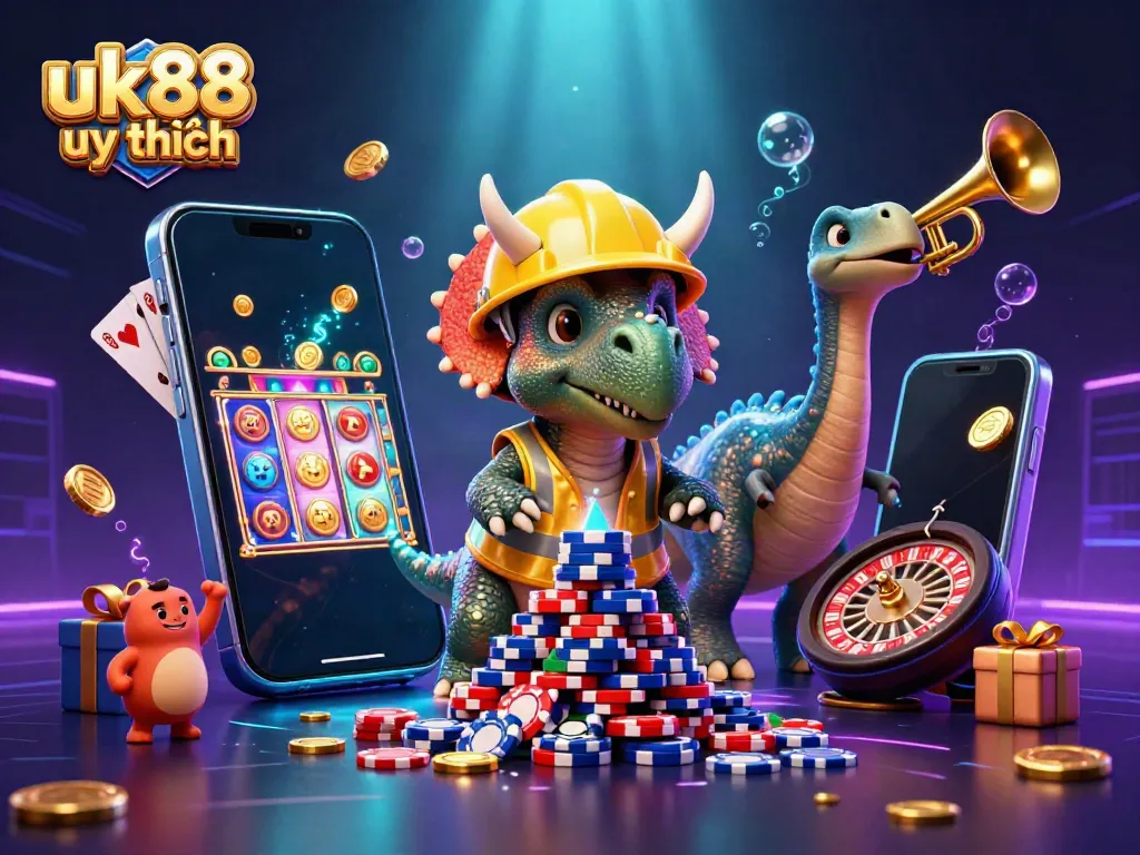 Experience the fun at uk88 uy tín with triceratops building poker chips and vibrant casino games.