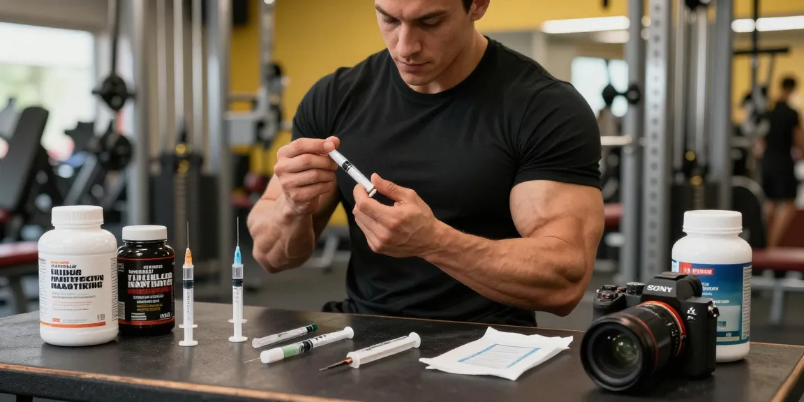 Anabolika Shop: Bodybuilder injiziert Steroide im Fitnessstudio, um Muskeln aufzubauen.