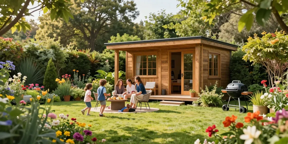 Garten Haus umgeben von bunten Blumen und grünem Garten mit Familie beim Entspannen.