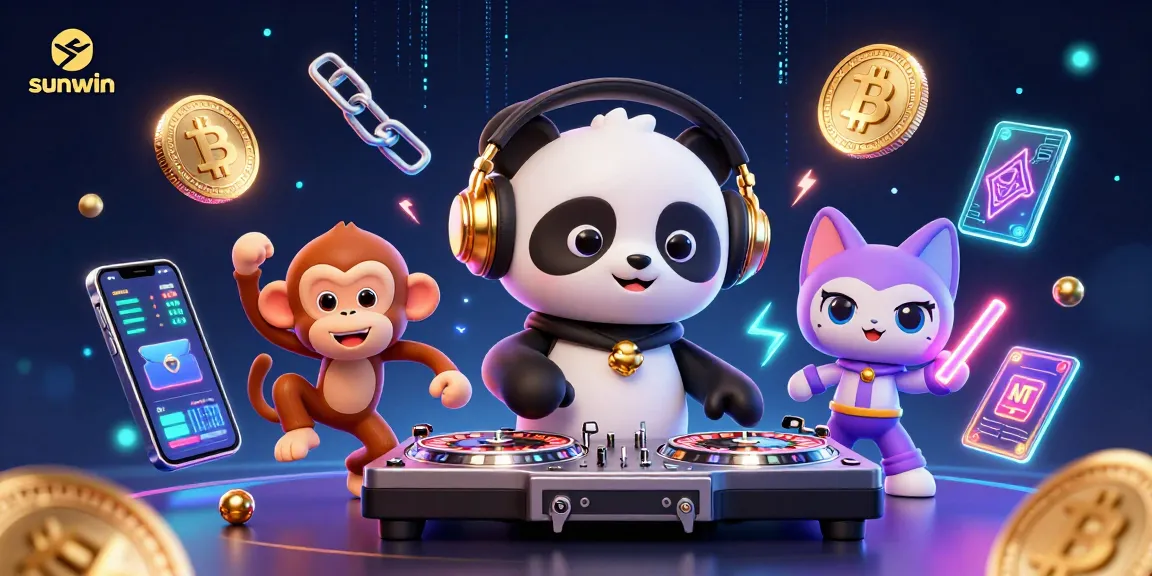 Experience thrilling gameplay with sunwin in this vibrant 3D casino illustration, showcasing dynamic characters and crypto elements.