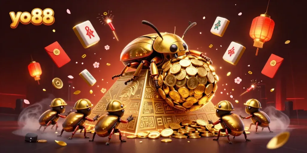Experience the excitement of yo 88 with a vibrant 3D illustration featuring golden beetles at a casino pyramid.