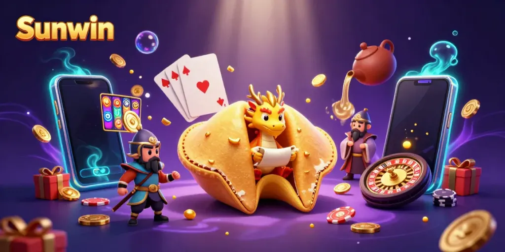 Win big at Sunwin with engaging casino elements including a wise dragon and golden coins.