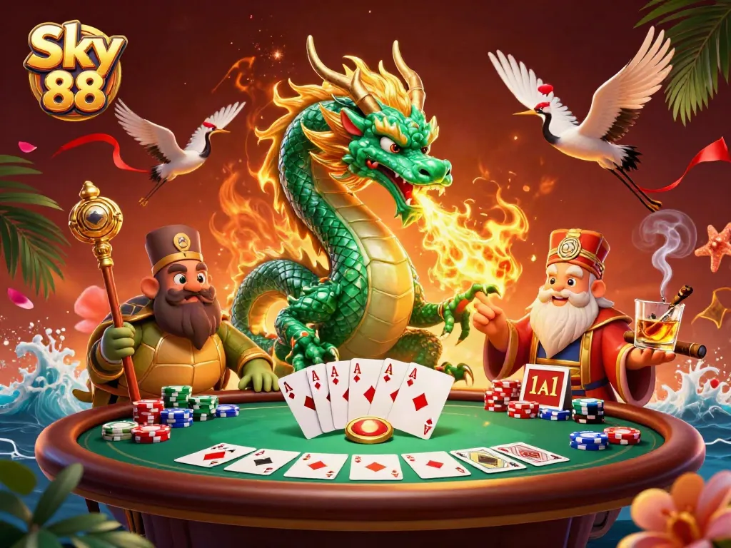 Experience thrilling gameplay at Sky 88 with a vibrant casino scene featuring legendary creatures.
