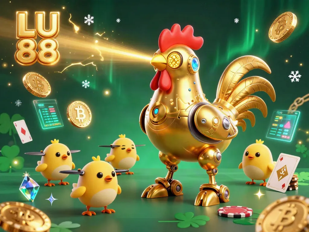 Experience LU 88 with a vibrant 3D illustration showcasing a golden rooster robot and crypto elements in action.