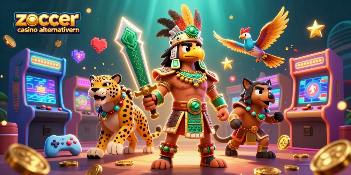 Zoccer Casino Alternativen: 3D-Illustration von Aztekenkriegern umgeben von Spielautomaten und Casino-Elementen