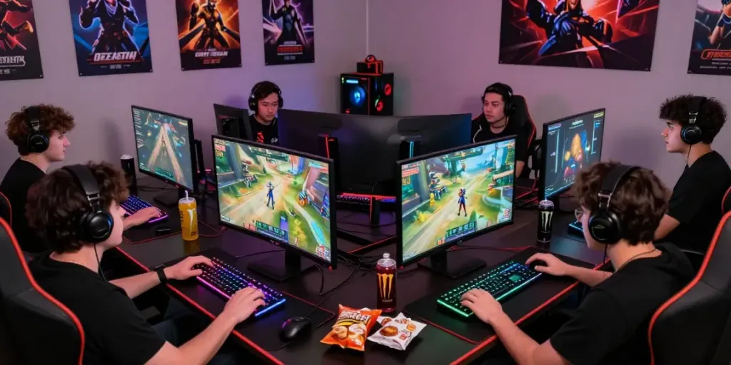 Gamers enjoying rokok88 alternatif in a lively online multiplayer setting with dynamic visuals.
