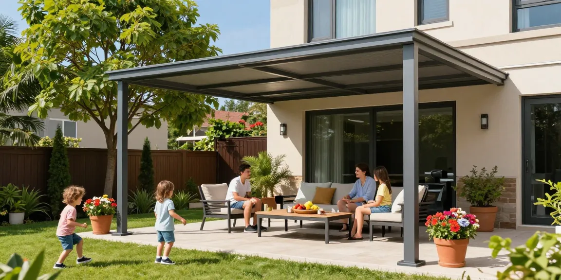 Moderne Terrassenüberdachung aus Aluminium in einem sonnigen Garten mit Familie und blühenden Pflanzen.