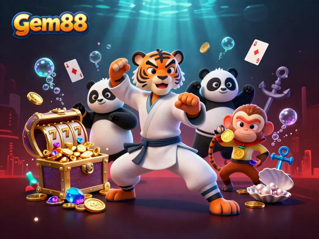 Experience the thrilling world of gem88 with animated characters stealing golden medals among vibrant casino elements and underwater treasures.