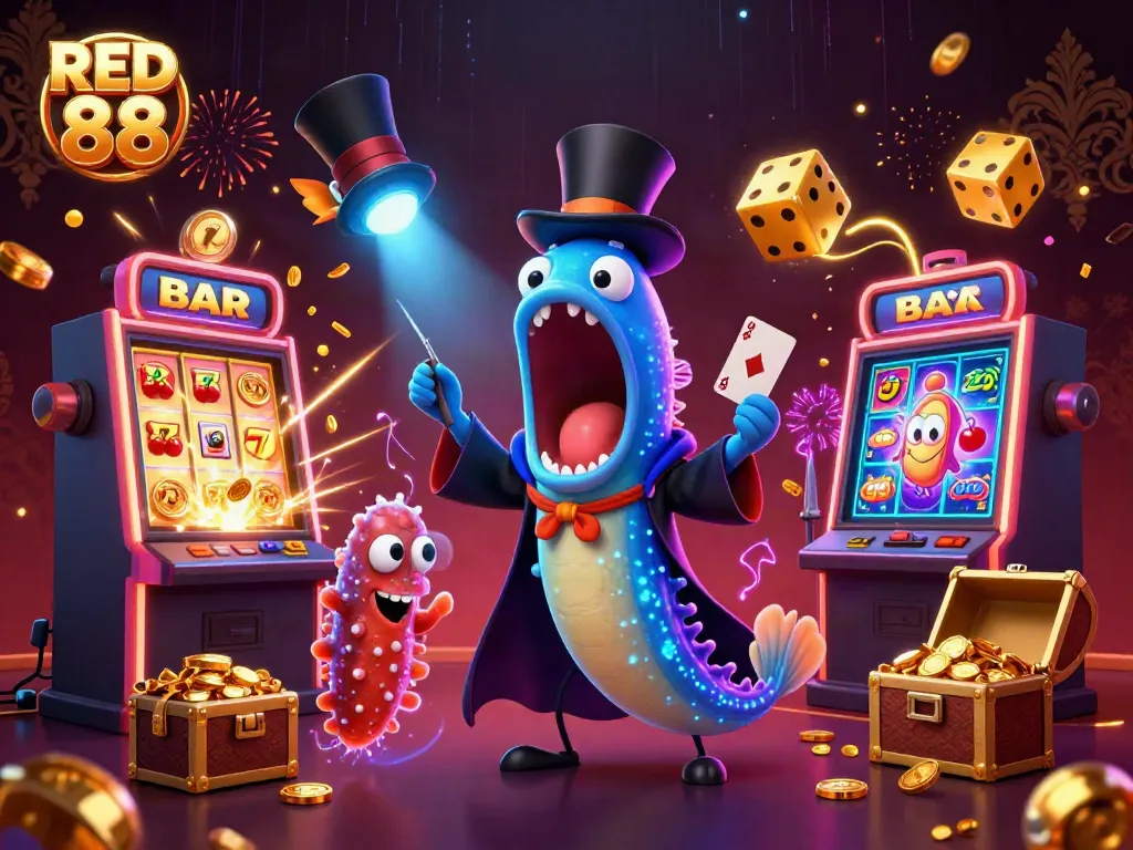 Experience thrilling card tricks with RED 88 in a magical underwater casino scene featuring an anglerfish and glowing elements.