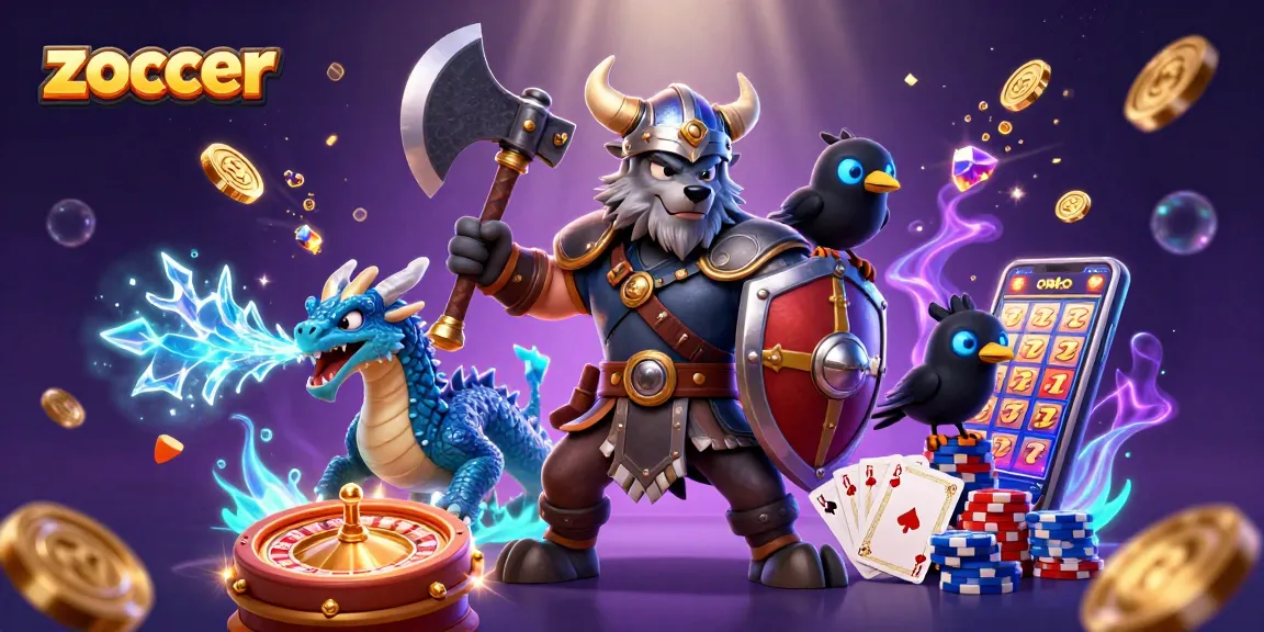 Zoccer showcases a thrilling 3D scene with Viking wolf, fierce dragon, and poker elements to entice bettors.