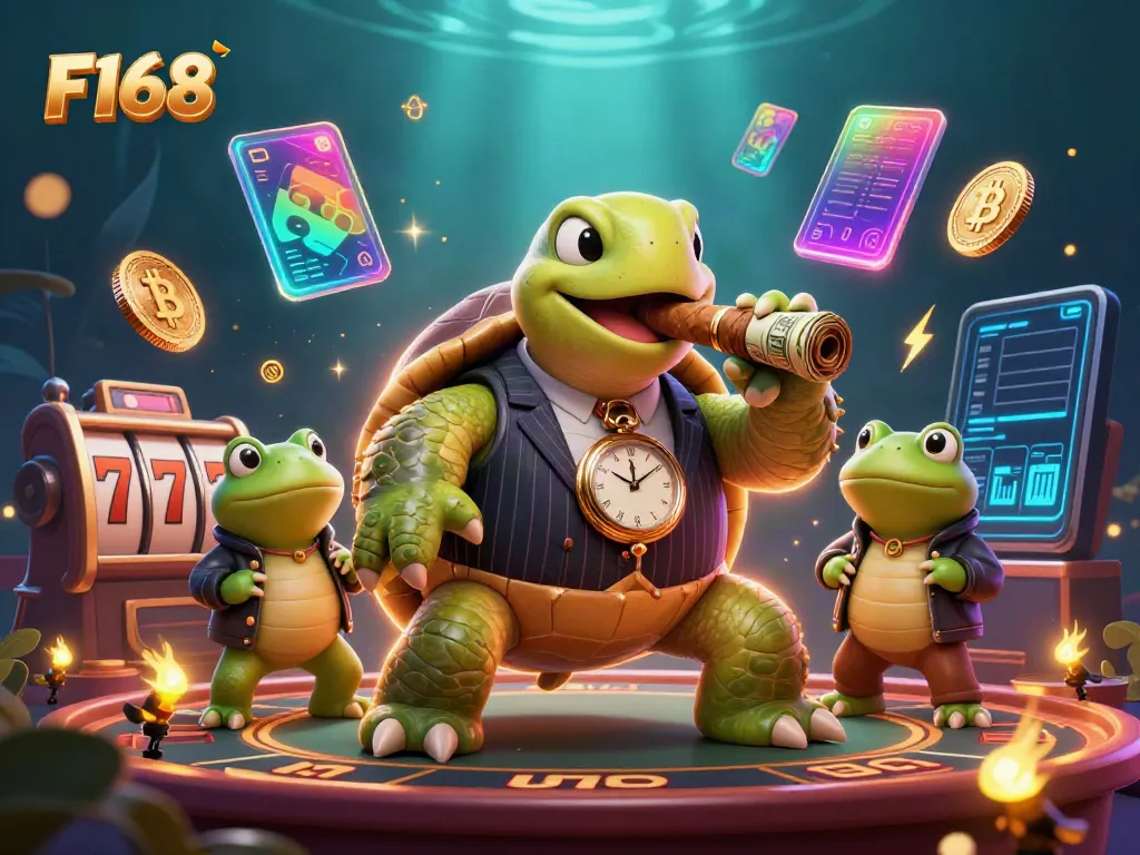 Experience the thrilling F168 casino world with a vibrant turtle character, slot reels, and crypto coins.