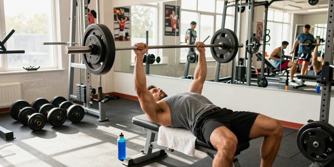 Utionon Steroide Training mit Bodybuilder im Fitnessstudio, Gewichte und motivierende Atmosphäre.