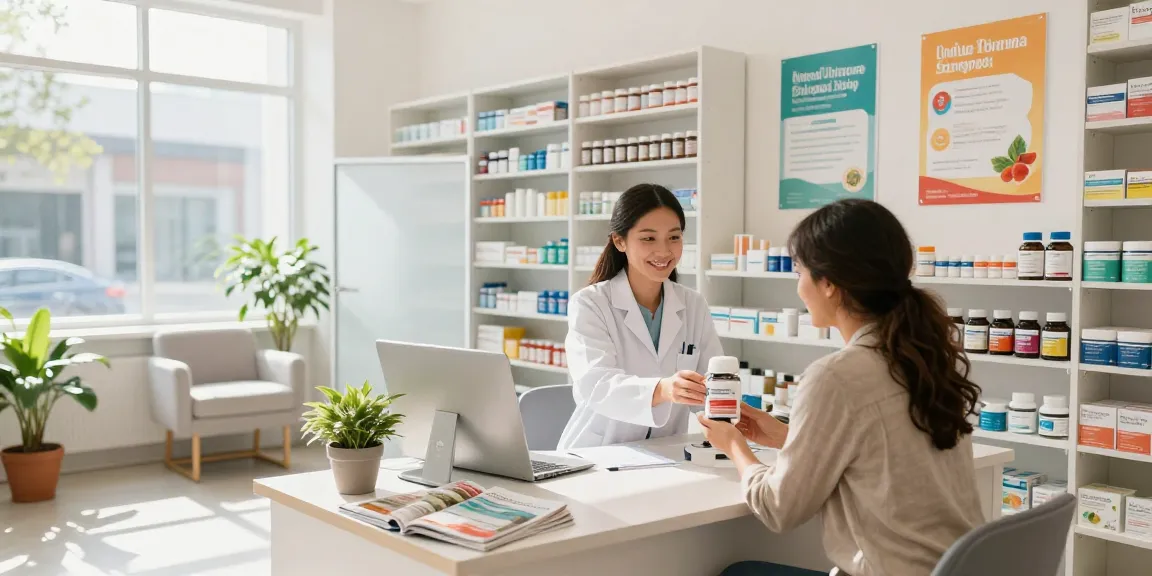 Besucher im Unique Pharma Shop, der hochwertige Gesundheitsprodukte auswählt, in einladendem Apothekenszenario.
